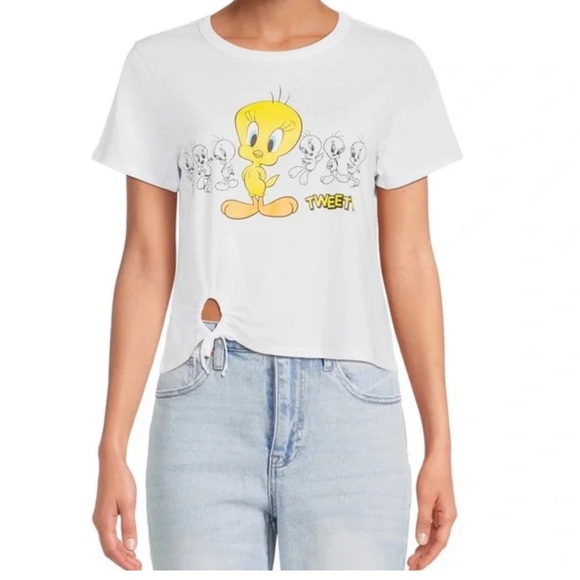 - WB Looney tunes tweety bird t-shirt cropped top Ruched O ring tee new - Picture 4 of 8